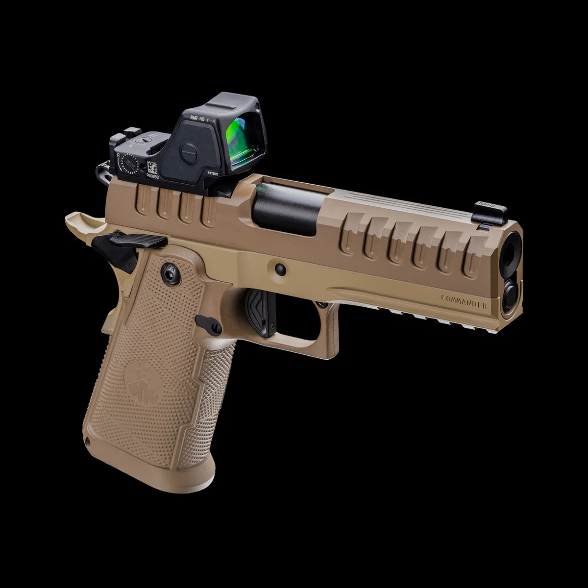 Watchtower Defense Apache Commander double-stack 1911 in FDE with a red dot optic