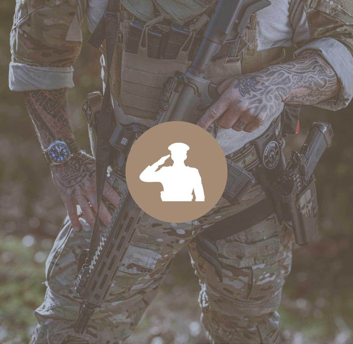 Service member in camouflage carrying a rifle, with a saluting officer icon