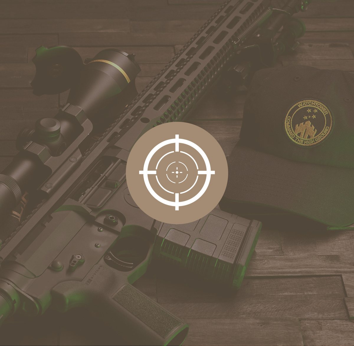Watchtower Defense rifle, magazine and cap on a table, with a crosshair icon