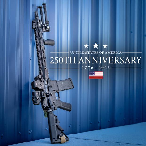 Watchtower Defense rifle leaning against a blue wall beside a United States 250th anniversary emblem
