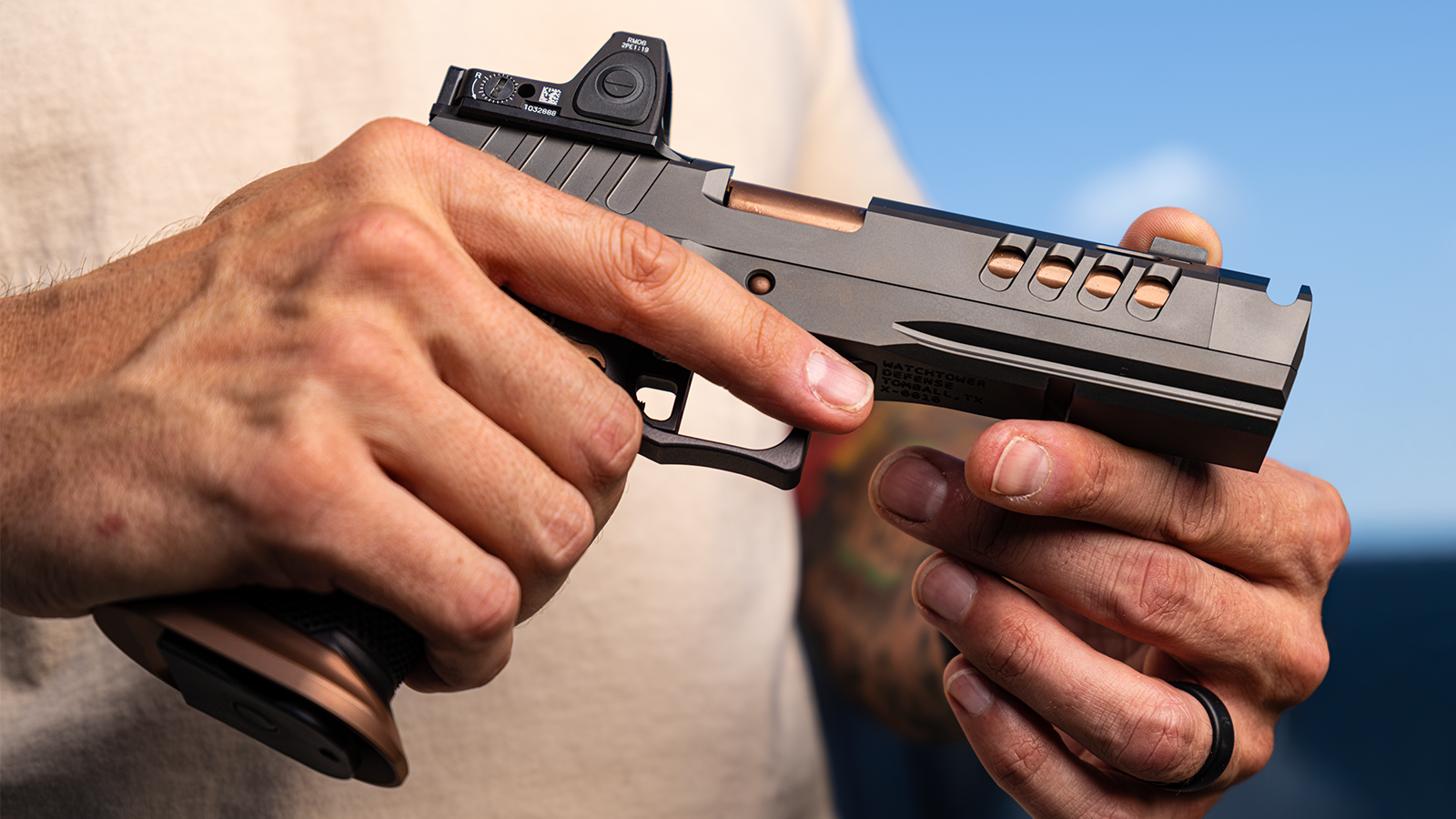 Watchtower Defense Vaelon double-stack 1911 in hand