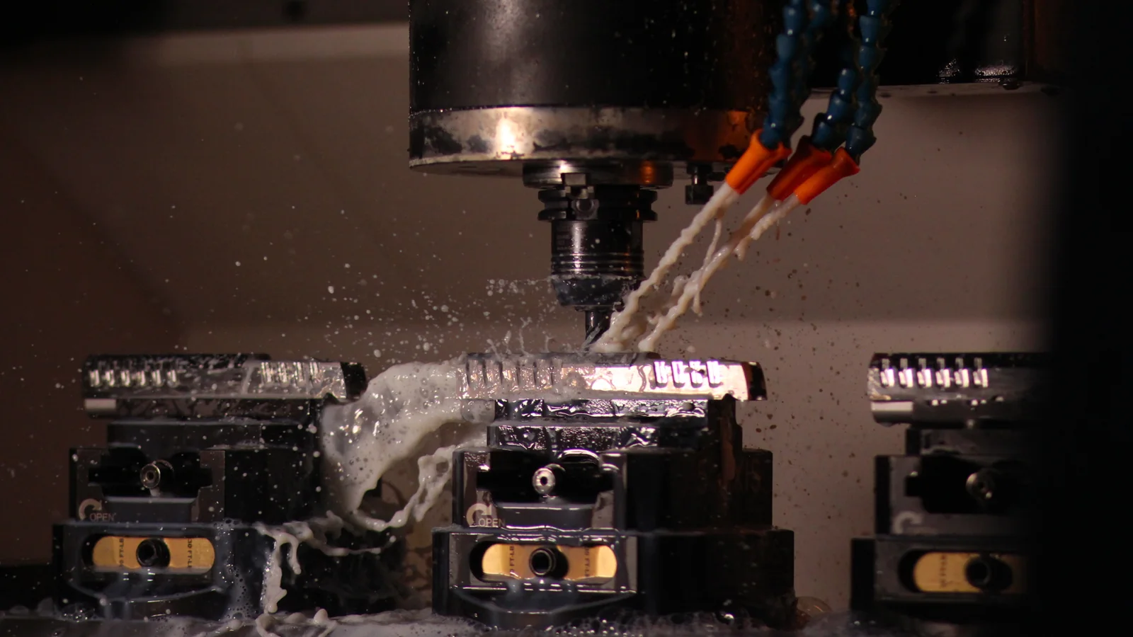 A slide being machined on the CNC at the Watchtower Defense facility in Tomball, Texas