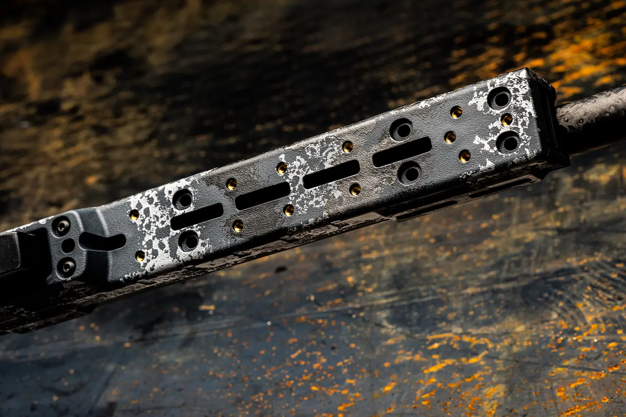 Watchtower Defense Stratis Bravo bolt-action rifle, close-up of the KRG Bravo forend underside with the ARCA rail removed