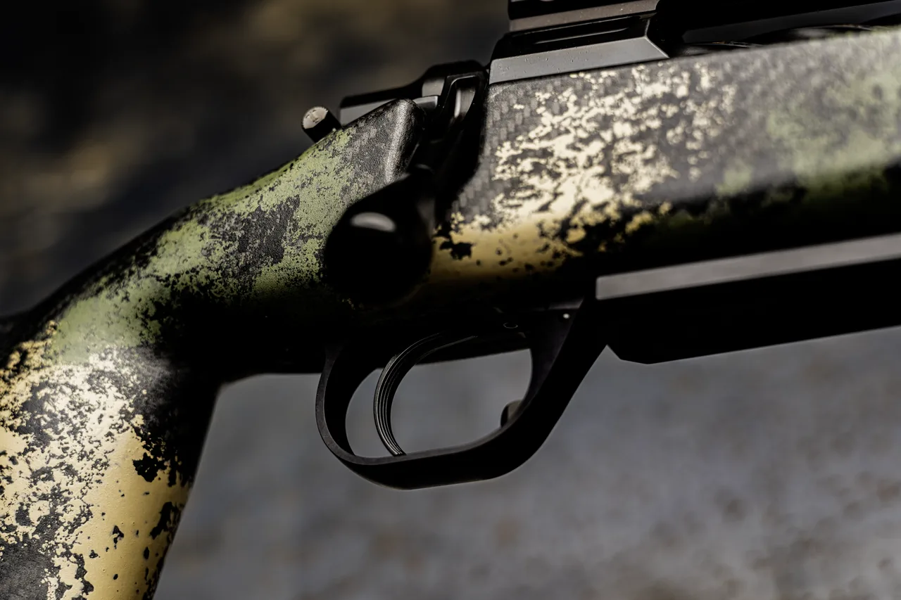 Watchtower Defense Stratis bolt-action rifle, close-up of the TriggerTech trigger inside the Hawkins Precision trigger guard